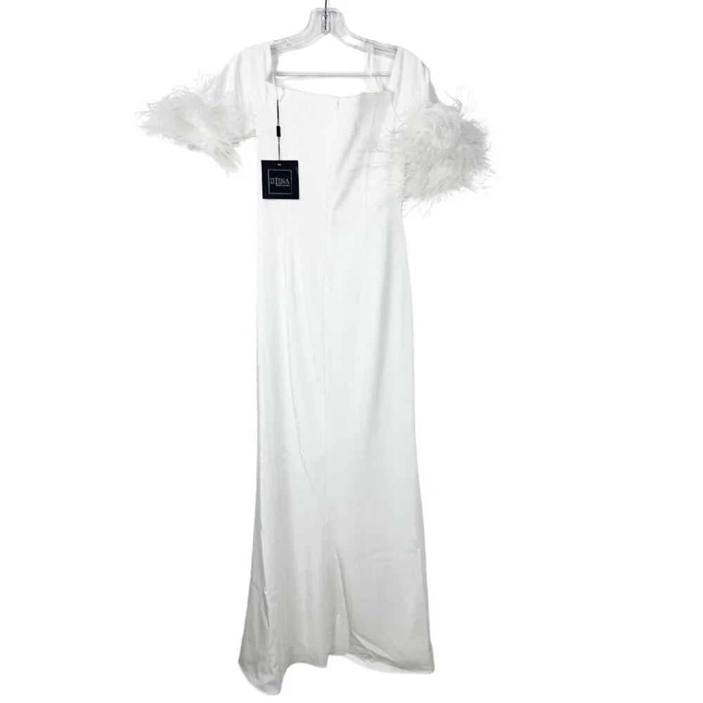 NWT Mac Duggal Feather Trim Off The Shoulder Column Gown White 6